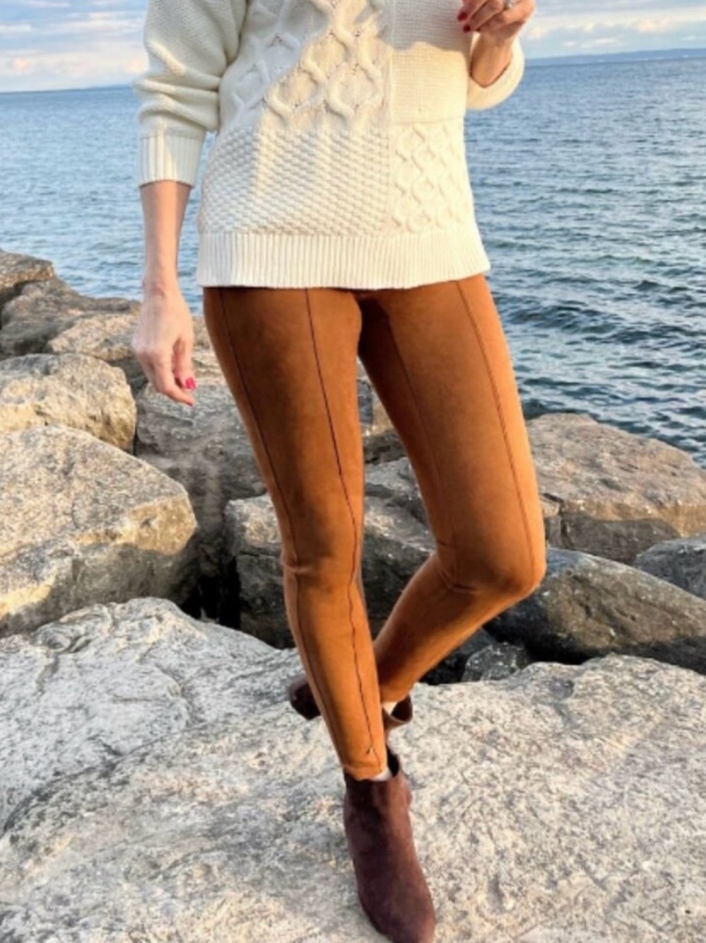 SPANX Suede-Look Cognac Leggings with Front Seam size XS